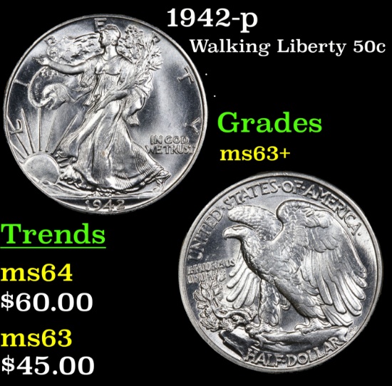 1942-p Walking Liberty Half Dollar 50c Grades Select+ Unc