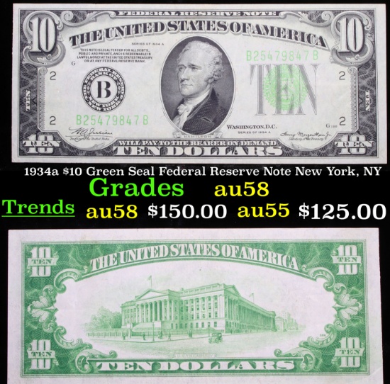 1934a $10 Green Seal Federal Reserve Note New York, NY Grades Choice AU/BU Slider