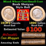 Mixed small cents 1c orig shotgun roll, 1919-s Wheat Cent, 1890 Indian Cent other end, McDonalds Wra