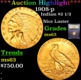 ***Auction Highlight*** 1908-p Gold Indian Quarter Eagle $2 1/2 Graded Select Unc BY USCG (fc)