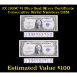 2X 1935C $1 Blue Seal Silver Certificate consecutive serial numbers Grades Gem CU