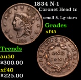 1834 N-1 Coronet Head Large Cent 1c Grades xf+