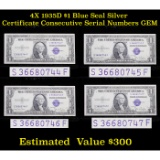 4X 1935D $1 Blue Seal Silver Certificate consecutive serial numbers Grades Gem CU