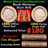 Mixed small cents 1c orig shotgun roll, 1858 Flying Eagle cent, 1893 Indian Cent other end, Seal St