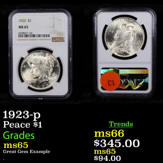 NGC 1923-p Peace Dollar $1 Graded ms65 By NGC