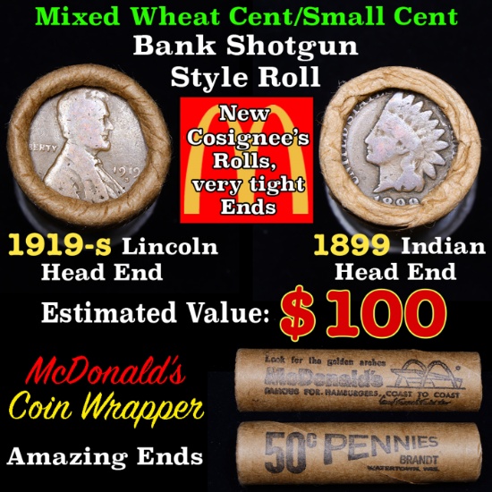 Mixed small cents 1c orig shotgun roll, 1919-s Wheat Cent, 1899 Indian Cent other end, McDonalds Wra