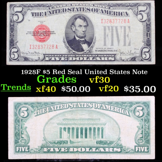 1928F $5 Red Seal United States Note Grades vf++