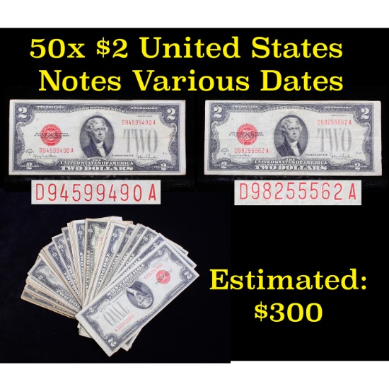 50x $2 Circulated Red Seal United States Note Various Dates