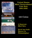 Group of 9 United States Mint Uncurculated Coin Sets In Original Government Packaging 1991-1999 95