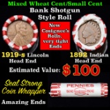 Mixed small cents 1c orig shotgun roll, 1919-s Wheat Cent, 1892 Indian Cent other end