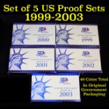 Group of 5 United States Quarters Proof Sets 1999-2003 49 coins