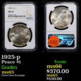 NGC 1925-p Peace Dollar $1 Graded ms65 By NGC