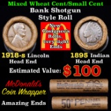 Mixed small cents 1c orig shotgun roll, 1917-s Wheat Cent, 1895 Indian Cent other end, McDonalds Wra