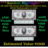 ***Auction Highlight*** 6X 1928 $20 Green Seal Federal Reserve Note XF-AU Redeemable In Gold  (fc)