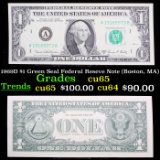 1969D $1 Green Seal Federal Reseve Note (Boston, MA) Grades Gem CU