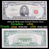 1963 $5 Red seal United States Note Grades vf+