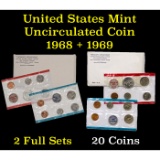 1968 & 1969 United States Mint Uncurculated Coin Sets In Original Government Packaging 20 coins