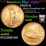 ***Auction Highlight*** 1925-d Saint-Gaudens $20 Gold Graded Select Unc By USCG (fc)