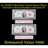 6x 1953B $2 Red Seal United States Notes Concutive Serial Numbers All Gem CU