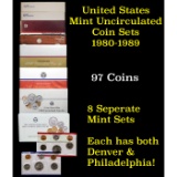 Group of 8 United States Mint Uncurculated Coin Sets In Original Government Packaging 1980-1989 86 c