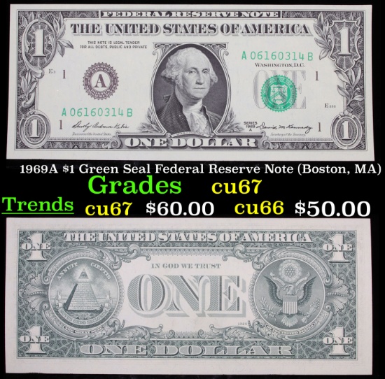 1969A $1 Green Seal Federal Reserve Note (Boston, MA) Grades Gem++ CU