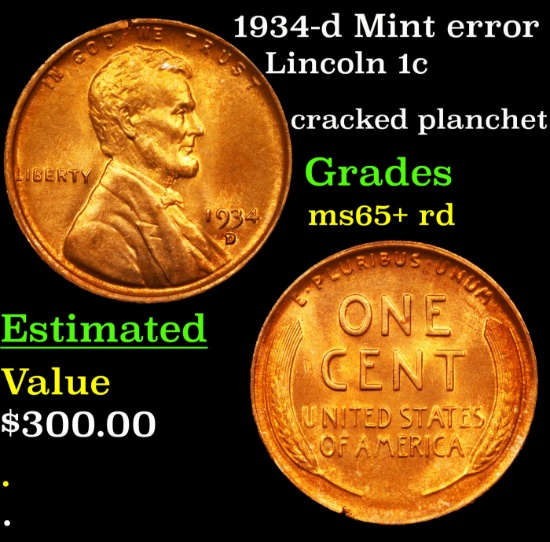 1934-d Mint error Lincoln Cent 1c Grades Gem+ Unc RD