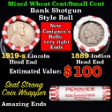 Mixed small cents 1c orig shotgun roll, 1919-s Wheat Cent, 1889 Indian Cent other end, Seal Strong W