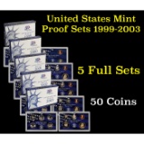 Group of 5 United States Quarters Proof Sets 1999-2003 50 coins