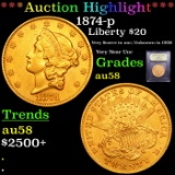 ***Auction Highlight*** 1874-p Gold Liberty Double Eagle 20 Graded Choice AU/BU Slider By USCG (fc)