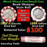 Mixed small cents 1c orig shotgun roll, 1917-s Wheat Cent, 1892 Indian Cent other end, Seal Strong W