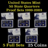 Group of 5 United States Quarters Proof Sets 1999-2003 25 coins