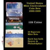 Group of 10 United States Mint Uncurculated Coin Sets In Original Government Packaging 1990-1999 128