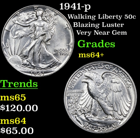 1941-p Walking Liberty Half Dollar 50c Grades Choice+ Unc
