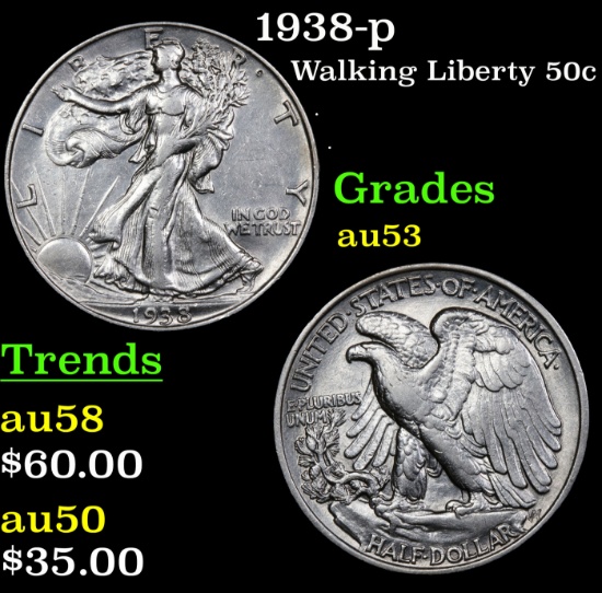 1938-p Walking Liberty Half Dollar 50c Grades Select AU
