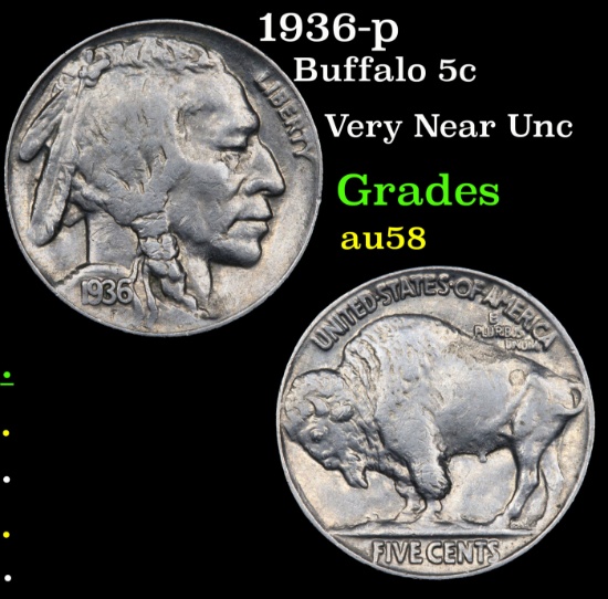 1936-p Buffalo Nickel 5c Grades Choice AU/BU Slider