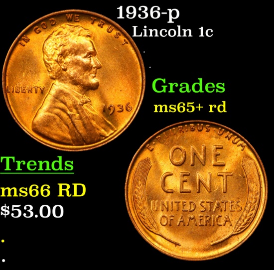 1936-p Lincoln Cent 1c Grades Gem+ Unc RD