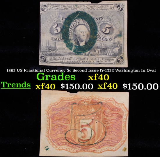 1863 US Fractional Currency 5c Second Issue fr-1232 Washington In Oval xf