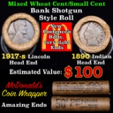 Mixed small cents 1c orig shotgun roll, 1917-s Wheat Cent, 1890 Indian Cent other end, McDonalds Wra