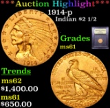 ***Auction Highlight*** 1914-p Gold Indian Quarter Eagle $2 1/2 Graded BU+ By USCG (fc)