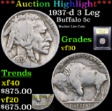 ***Auction Highlight*** 1937-d 3 Leg Buffalo Nickel 5c Graded vf++ By USCG (fc)
