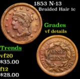 1853 N-13 Braided Hair Large Cent 1c Grades vf details