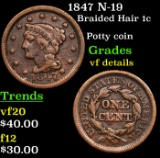 1847 N-19 Braided Hair Large Cent 1c Grades vf details