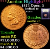 ***Auction Highlight*** 1873 Open 3 Indian Cent 1c Graded Gem+ Unc RD By USCG (fc)