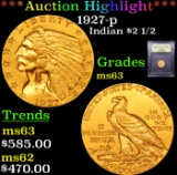 ***Auction Highlight*** 1927-p Gold Indian Quarter Eagle $2 1/2 Graded Select Unc By USCG (fc)