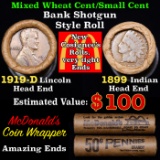Mixed small cents 1c orig shotgun roll, 1919-d Wheat Cent, 1899 Indian Cent other end, McDonalds Wra