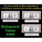 3X 1935F $1 Blue Seal Silver Certificate consecutive serial numbers Gem CU