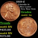 1919-d Lincoln Cent 1c Grades Choice+ Unc BN