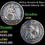1853-p Arrows & Rays Seated Liberty Quarter 25c Grades xf