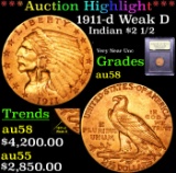 ***Auction Highlight*** 1911-d Weak D Gold Indian Quarter Eagle $2 1/2 Graded Choice AU/BU Slider BY