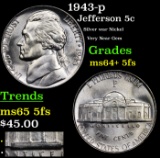 1943-p Jefferson Nickel 5c Grades Choice Unc+ 5fs